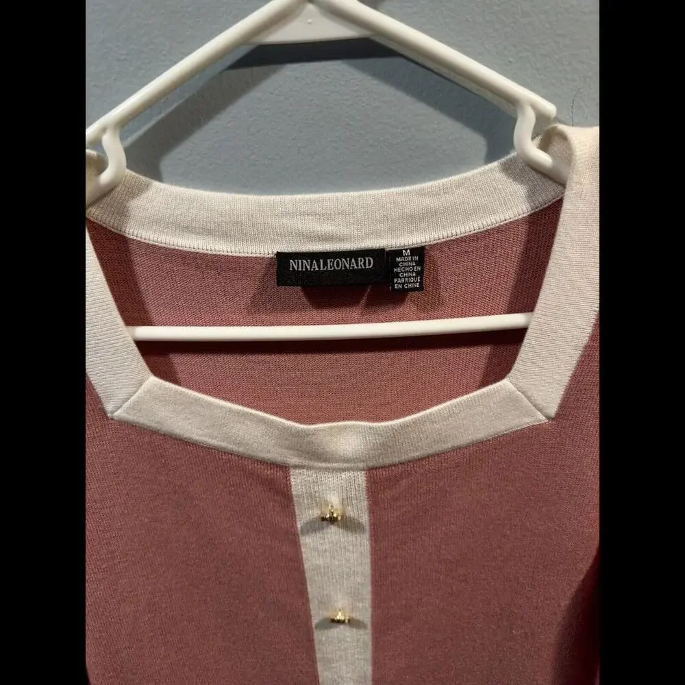 Womens Nina Leonard Long Sleeve Top, Size Medium Pink / White Casual Or Dress Up - Picture 2 of 3